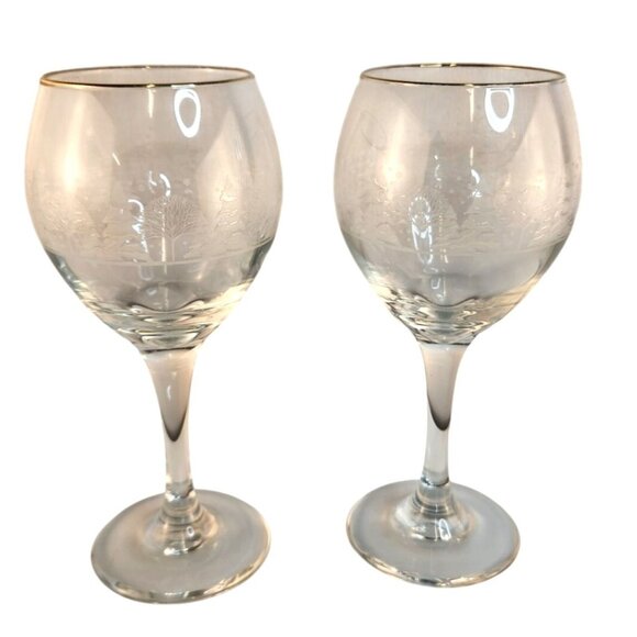 Libbey Arbys Winter Wonderland Frosted Set Scene Gold Rim Wine Glass Pair Vintag - Picture 8 of 9